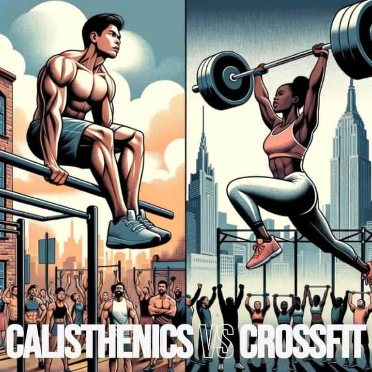 Illustration of a split scene: on the left, a muscular man of Asian descent doing calisthenics on parallel bars with cityscape in the background, and on the right, a woman of African descent lifting a heavy barbell in a CrossFit gym with cheering spectators.