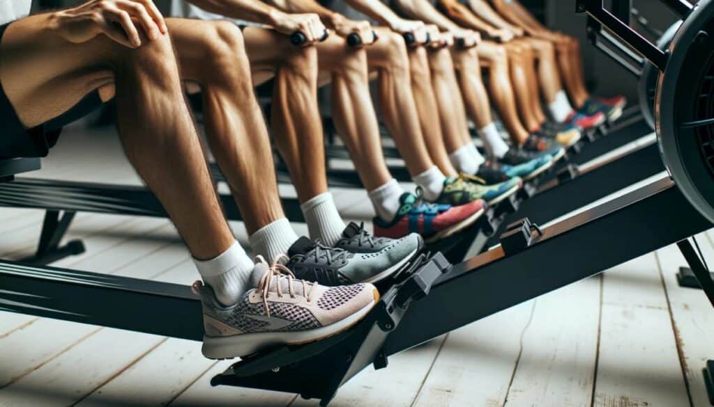 The 6 Best Shoes for Rowing Machines in 2023 - Photo of a diverse group of athletes in a gym setting, trying out rowing machines. Each athlete is wearing a distinct pair of rowing shoes, showcasing the variety of best shoes available in 2023. The focus is on the footwork and the grip of the shoes on the machine pedals.