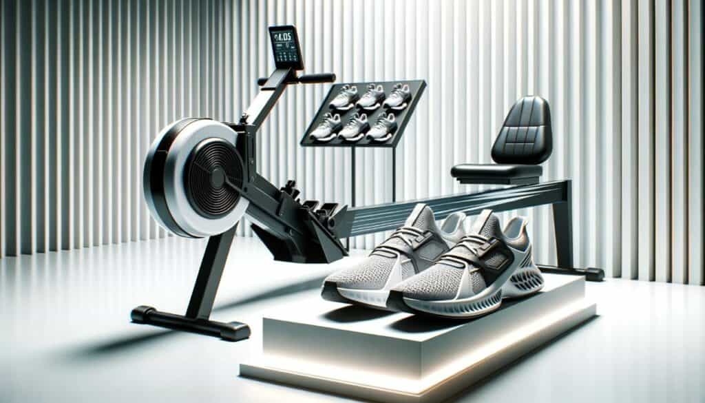 Criteria for Choosing Rowing Shoes - Photo of a sleek and modern rowing machine set against a pristine gym background. Next to the machine, there's a display stand showcasing a pair of top-rated shoes specifically designed for rowing machines in 2023. The shoes have a futuristic design with breathable mesh and non-slip soles.
