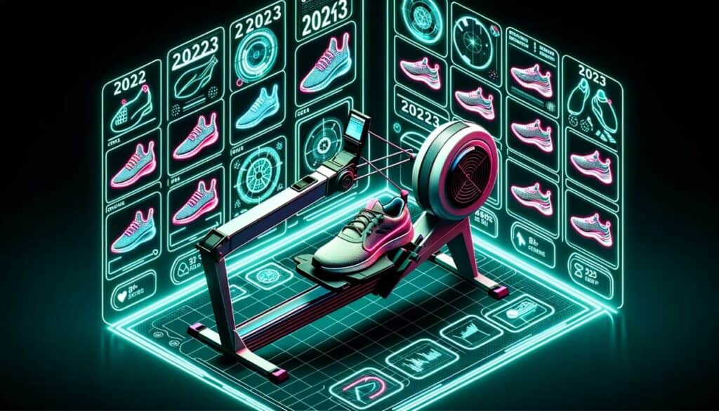 Illustration of a futuristic rowing machine with neon lights, surrounded by digital holograms showing various shoe designs labeled '2023'. In the center, the most prominent shoe design is highlighted, emphasizing its special features for rowing.