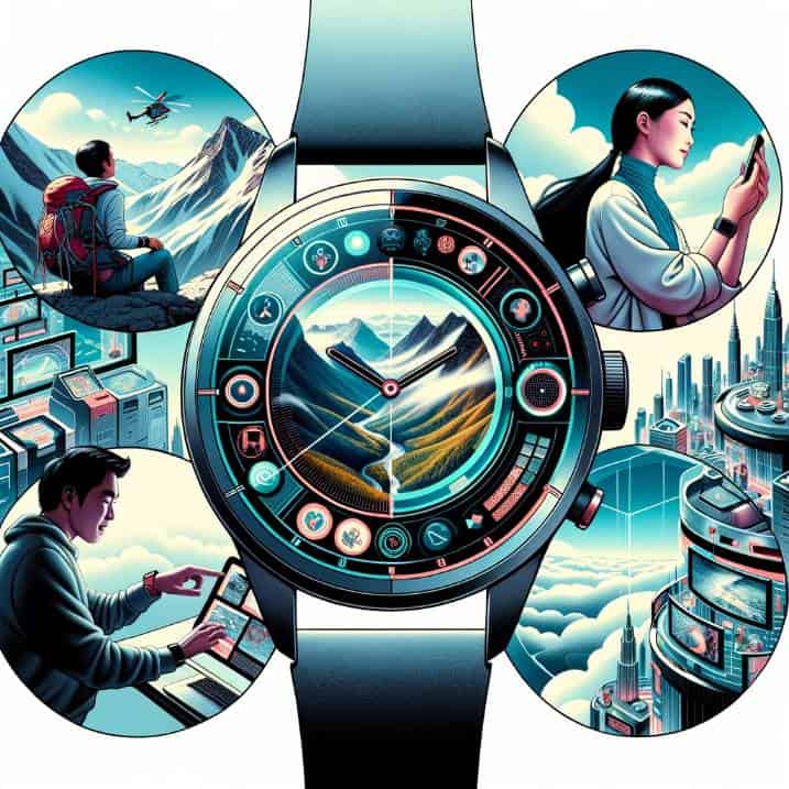 Illustration of an avant-garde smartwatch, its display gleaming with cutting-edge applications. Encircling this central image, smaller frames depict a Hispanic woman tracking her mountain hiking journey, an Asian man seamlessly navigating a futuristic cityscape with his watch's holographic projection, and two friends of diverse descents sharing a moment while exchanging instant photos via their watches.