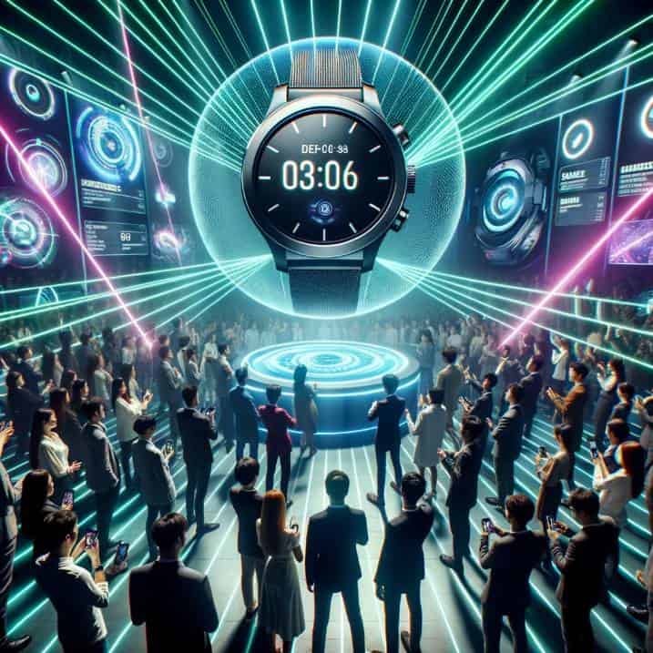Photo of a high-tech launch event with lasers and neon lights. Diverse attendees of various genders and descents are immersed in VR experiences, showcasing the capabilities of the latest smartwatches. A giant 3D projection of a smartwatch rotates above them, displaying its specs.
