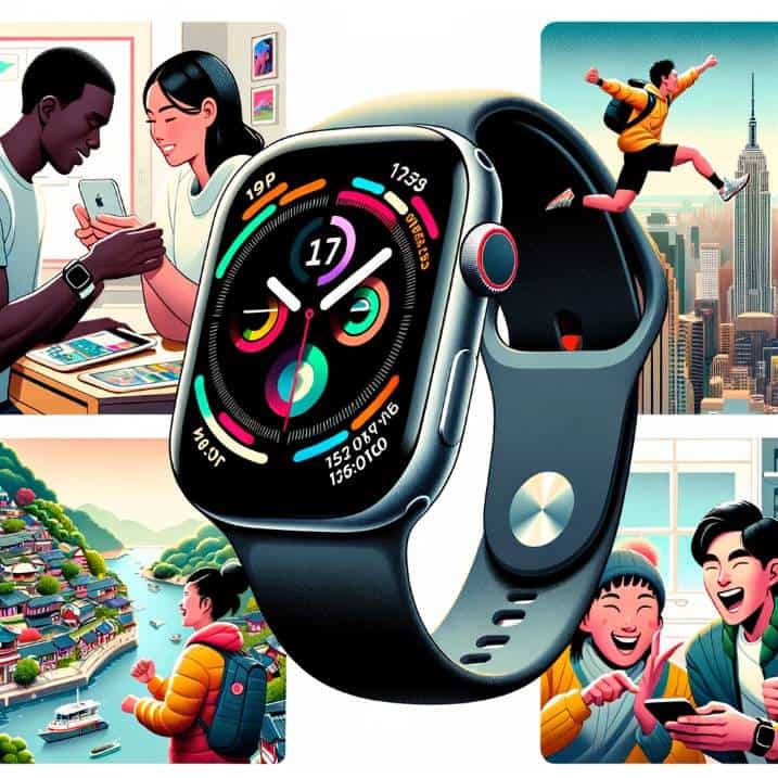 Illustration of a state-of-the-art smartwatch, its screen alive with colorful apps and notifications. Adjacently, scenes unfold: an African American man training for a marathon with real-time feedback from his watch, an East Asian woman exploring a foreign city with her watch guiding her, and a pair of friends of mixed descents laughing as they exchange messages and images on their smartwatches.