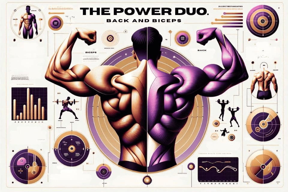 Sleek infographic themed 'The Power Duo: Back and Biceps'. Illustrate the distinct yet complementary functions of the back and biceps. Highlight the biceps' iconic shape and their crucial role in upper-body movements. Include visuals of a person performing exercises that engage both muscle groups. Use a color palette of purples and gold.
