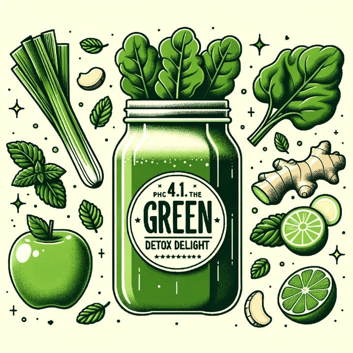 Vector design of a mason jar filled with a rich green juice. Floating around are illustrated icons of the ingredients: green apple, spinach, celery, ginger, mint, and lemon. The title '4.1. The Green Detox Delight' is elegantly displayed at the top.