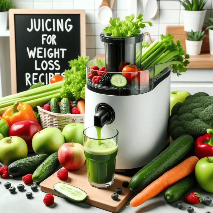 Photo of a bright kitchen counter with various fresh fruits and vegetables like apples, cucumbers, celery, carrots, and berries. A modern juicer is in action, pouring a vibrant green juice into a glass. A small chalkboard next to it reads 'Juicing for Weight Loss Recipes'.