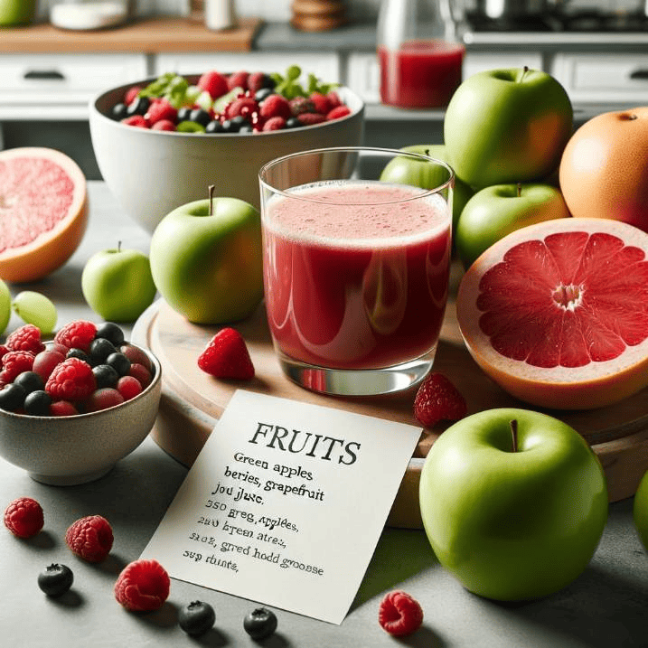 Photo of a modern kitchen island with a glass of vibrant fruit juice surrounded by fresh green apples, a bowl of mixed berries, and halved grapefruits. A recipe card in elegant handwriting details the 'Fruits: Green Apples, Berries, Grapefruit' juice.