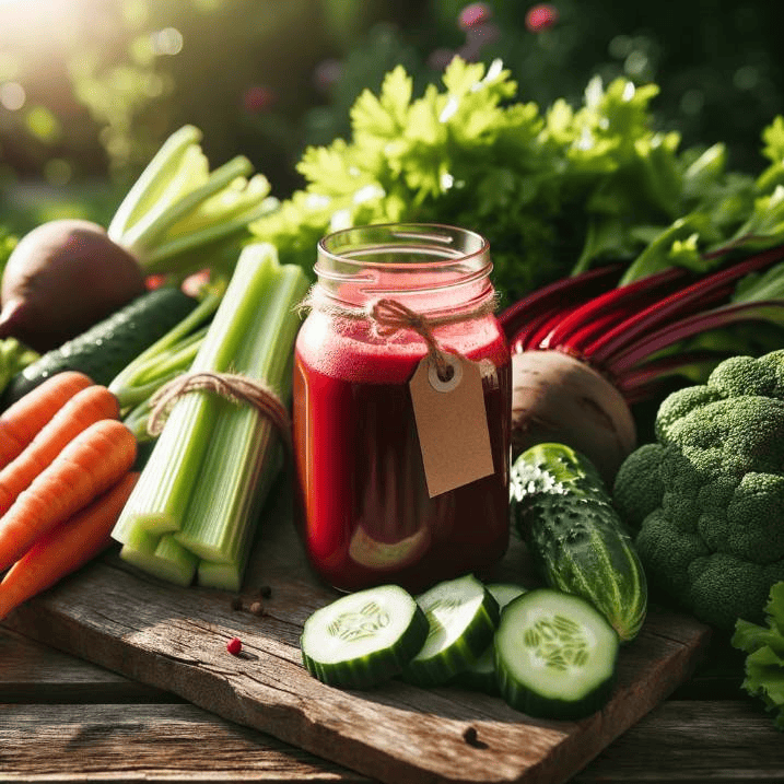 Photo of a rustic wooden table set outdoors, bathed in warm sunlight. On it, fresh vegetables including celery, cucumber, and beets are arranged aesthetically. A glass jar filled with a richly colored juice stands out, with a tag reading 'Vegetable Weight Loss Juice Recipe'.