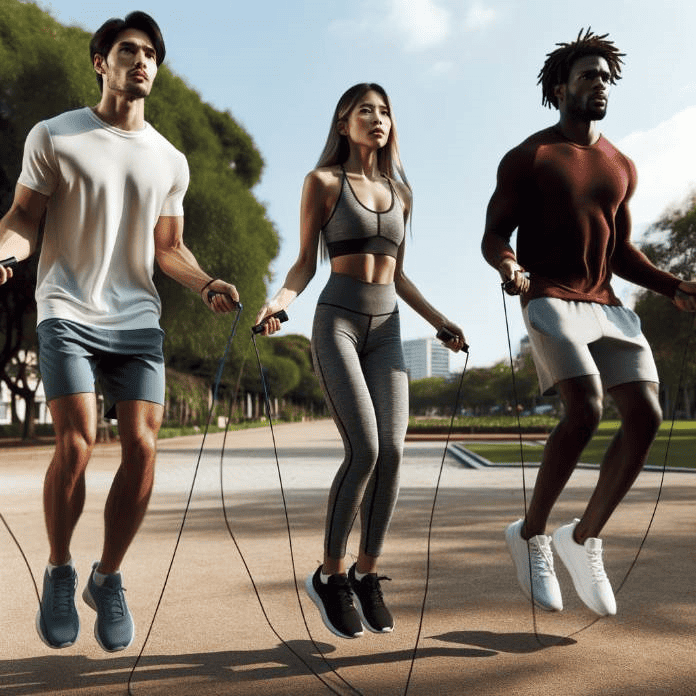 Photo: A diverse group of three people, one Asian male, one Caucasian female, and one African-American male, in athletic wear, engaged in jump rope exercises in a park. Their expressions show determination and focus. In the background, there are trees and a clear blue sky. The ground is marked with shadows of the jumping ropes.