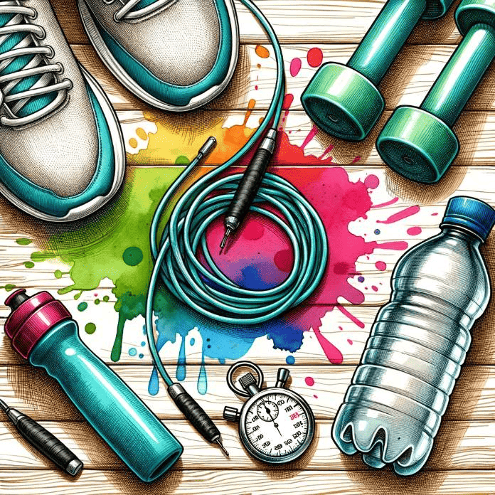 Illustration: A pair of shoes, a water bottle, a stopwatch, and a coiled jump rope laid out on a wooden floor. Above the items, there's a vibrant splash of watercolor with handwritten text saying, 'Jump Rope for Fitness'.