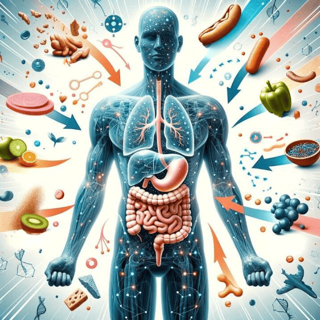 Illustration of a human silhouette with a transparent body, showcasing the digestive system. Various foods like proteins, carbs, and fats are entering the system, and dynamic arrows indicate the metabolic reactions. Above, the title 'How Metabolism Responds to Different Food Types' is prominently displayed.