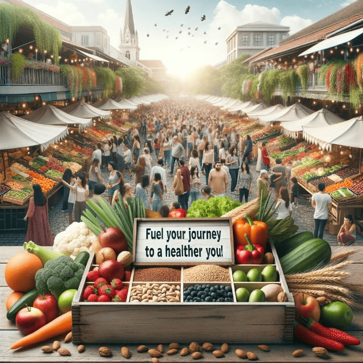 Photo of a lively farmer's market scene, bustling with people. Stalls are laden with fresh fruits, vegetables, whole grains, and nuts. At the forefront, a wooden crate has a banner reading 'Weight Loss Foods'. Above, the sky displays the phrase 'Fuel Your Journey to a Healthier You!'.