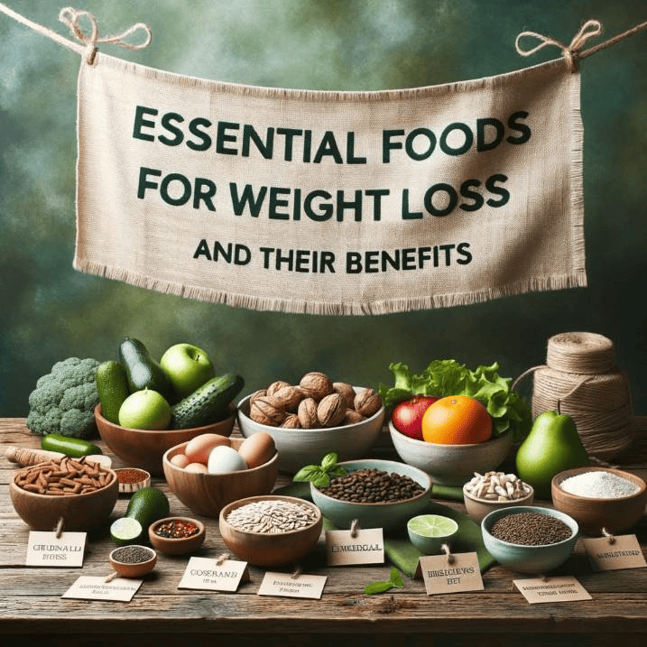 Photo of a rustic wooden table set against a green backdrop. On the table, bowls and plates showcase essential weight loss foods, each paired with a small tag describing its health benefit. Above, a banner gently sways, inscribed with 'Essential Foods for Weight Loss and Their Benefits'.