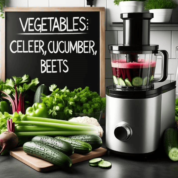 Photo of a sleek kitchen setup with a state-of-the-art juicer at the center. Freshly washed vegetables, namely celery, cucumber, and beets, are ready for juicing. A chalkboard in the background lists out the 'Vegetables: Celery, Cucumber, Beets' recipe.