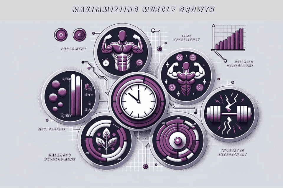 Detailed infographic showcasing 'Maximizing Muscle Growth'. Emphasize factors: Muscle Engagement, Time Efficiency, Balanced Development, and Increased Workout Intensity. Feature icons of engaged muscles, a ticking clock, balanced weights, and a power surge. Embrace a color palette of purple and silver.