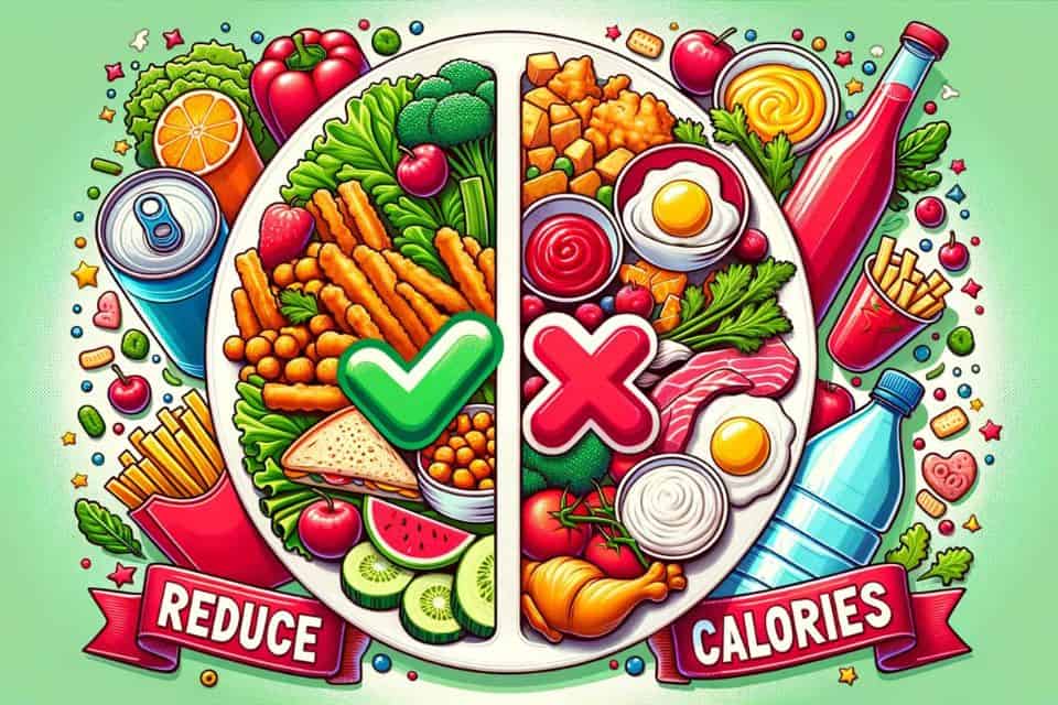 A split plate illustration: one side filled with unhealthy foods and the other with healthy options. A green checkmark is over the healthy side, while a red cross is on the unhealthy side, with the phrase 