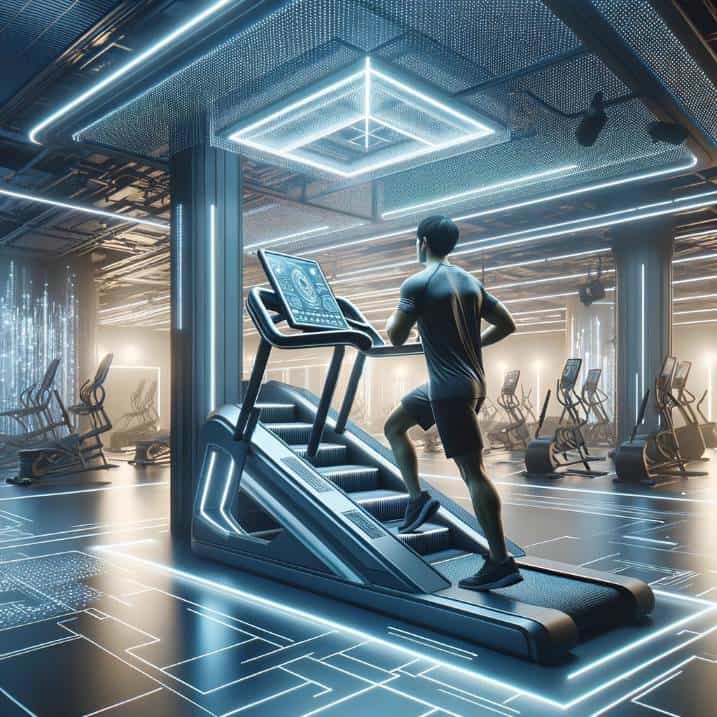A person of Asian descent working out on a StairMaster in a state-of-the-art gym. The gym's ambient lighting and futuristic design elements reflect a modern, high-tech approach to fitness, with the StairMaster being a central tool for exercise.