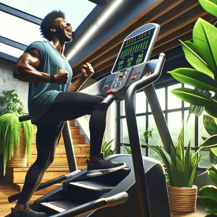 A person joyfully exercising on a StairMaster in a well-lit gym, surrounded by greenery. This image emphasizes the effectiveness of the workout, as indicated by the StairMaster's display of steps climbed and calories burned. Benefits of the StairMaster Unleashing the Power of Stair Master Workout