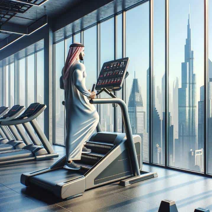 A person of Middle Eastern descent exercising on a StairMaster in a modern gym, with a stunning view of the city skyline. This setting highlights a high-quality environment for effective workouts.