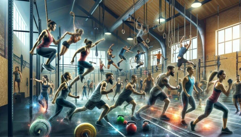 An engaging scene representing CrossFit training, featuring a diverse group of people engaged in high-intensity interval training activities like weightlifting, gymnastics, and running. The atmosphere is energetic, with a sense of community and support. The background shows a CrossFit gym with various equipment like kettlebells, ropes, and barbells. The image captures the essence of CrossFit's varied workouts, functional movements, and strong sense of community. CrossFit or Weight Training Which Is Right for You?
