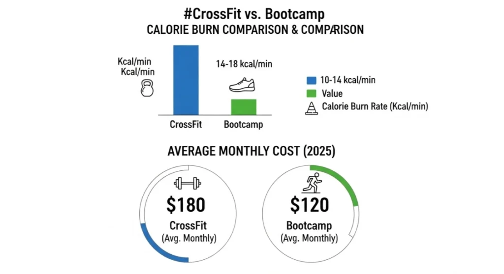 CrossFit vs Bootcamp comparison infographic highlighting the differences in fat burning workouts.