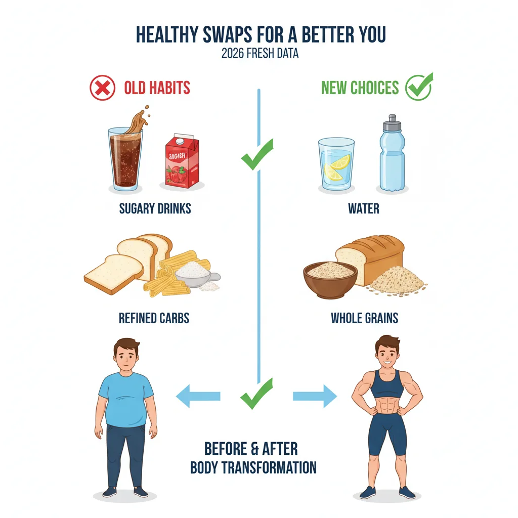 Healthy swaps chart: water vs sugary drinks, whole grains vs refined carbs, before-after body transformation Healthy swaps chart: water vs sugary drinks, whole grains vs refined carbs, before-after body transformation, green checkmarks, 2026 fresh data.