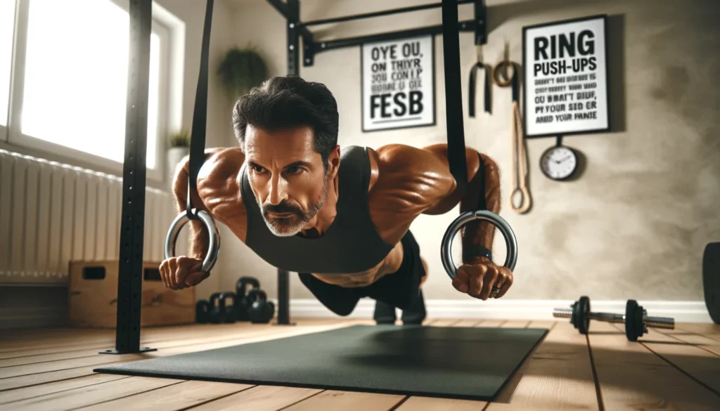 A motivational fitness scene in a home gym, featuring a middle-aged man of Middle-Eastern descent doing ring push-ups. He is showing determination.