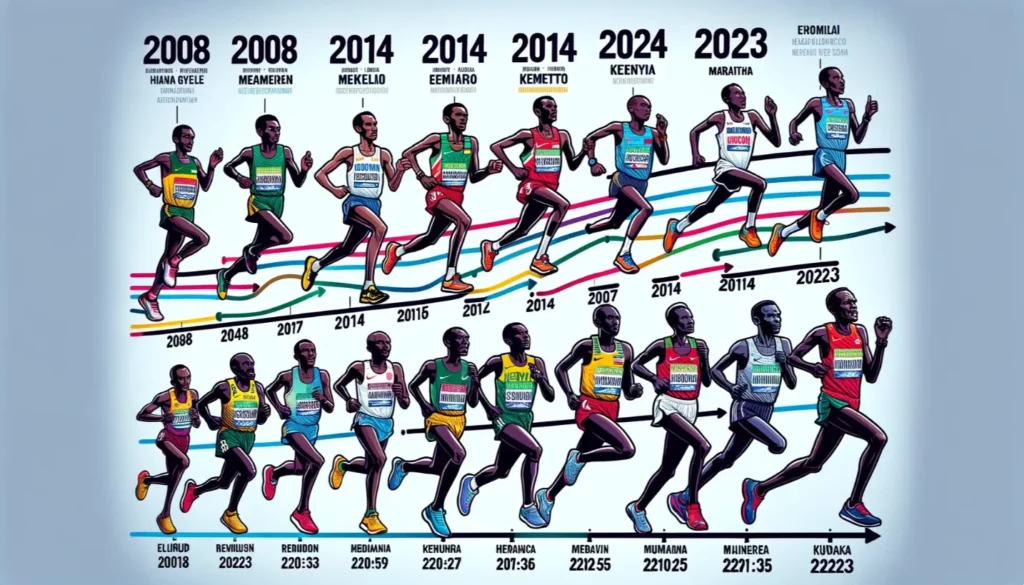 A dynamic illustration showcasing a progression of runners, each labeled with a year and time, visually representing the improvement in running speeds over the years.