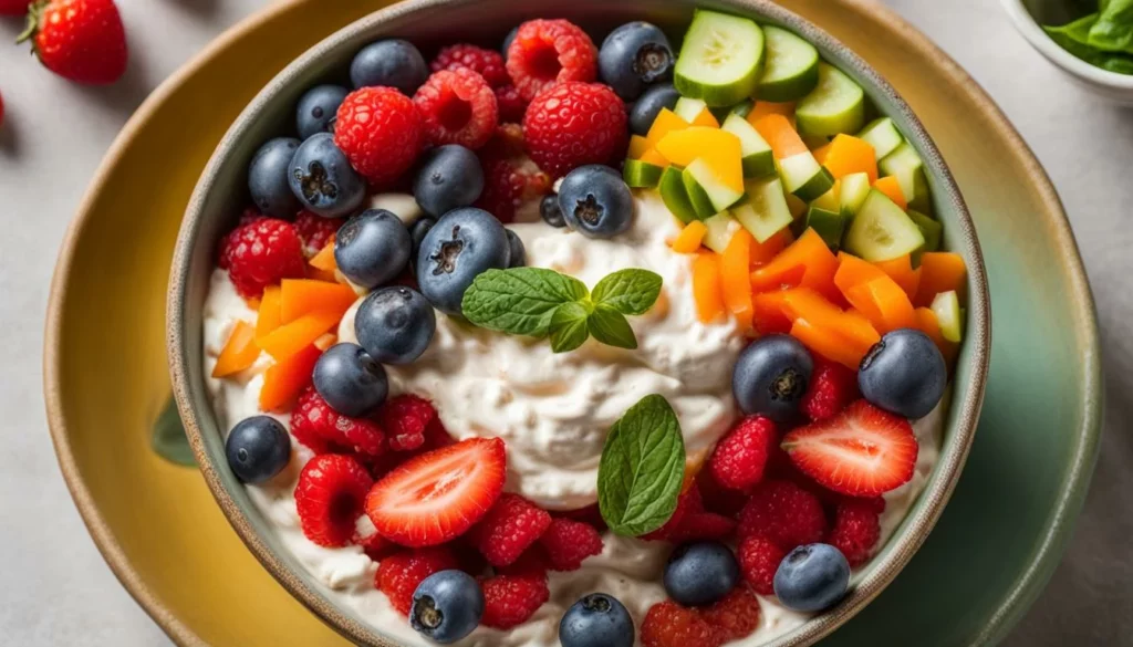 Greek Yogurt with Fruit, Cottage Cheese with Vegetables, Homemade Hummus with Vegetables