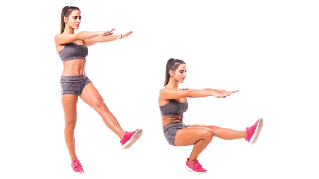A girl is doing pistol squats. By incorporating pistol squats into your workout routine, you can enhance leg strength, improve balance, and develop functional fitness.
