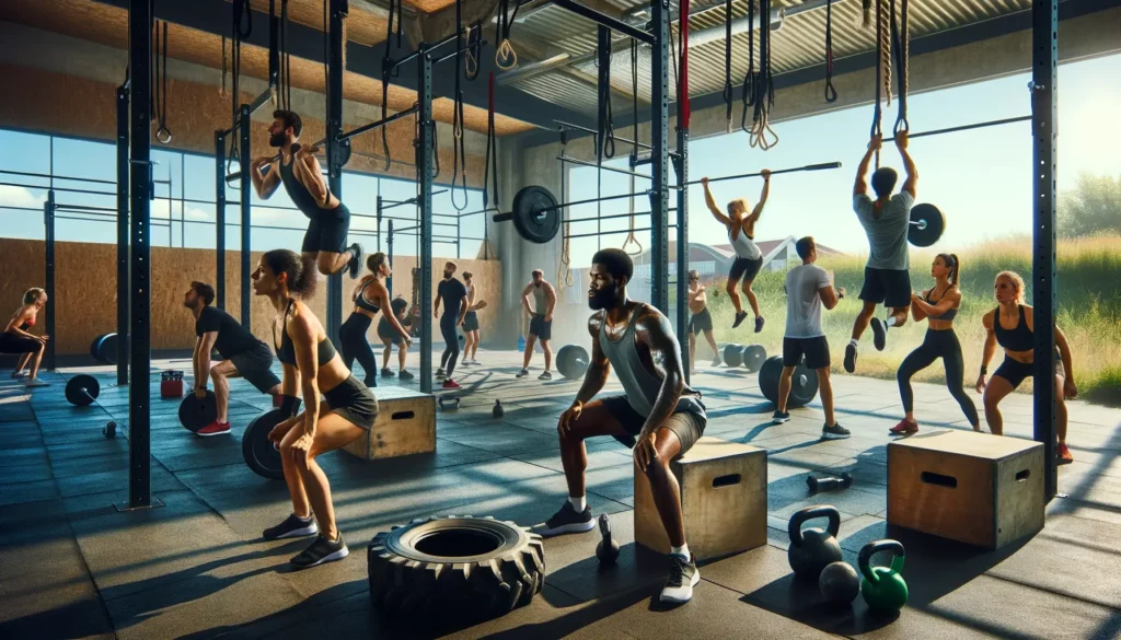 This images image captures a vibrant and action-packed CrossFit gym scene, designed to provide a more dynamic and engaging representation. - Push Your Limits at Home: CrossFit Workouts to Challenge Your Fitness