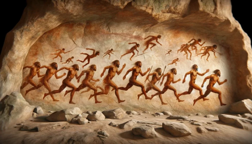 Cave painting depicting a group of early humans running. This image suggests that running has been a natural human activity for thousands of years, not a recent invention.