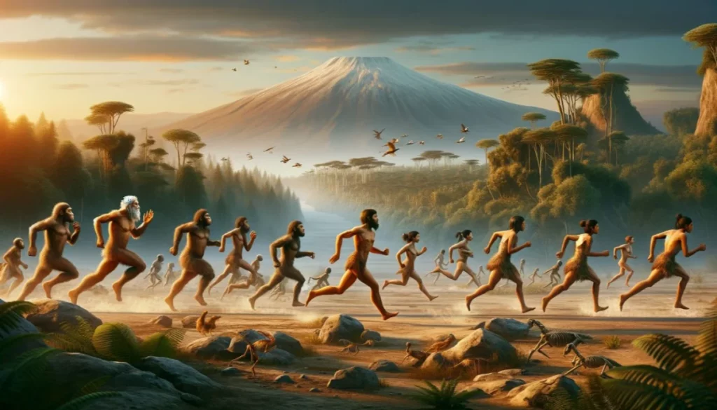 Ancient Footprints: An ancient scene depicting the evolution of running millions of years ago, with early humans in a prehistoric landscape, emphasizing the natural conditions that shaped running.