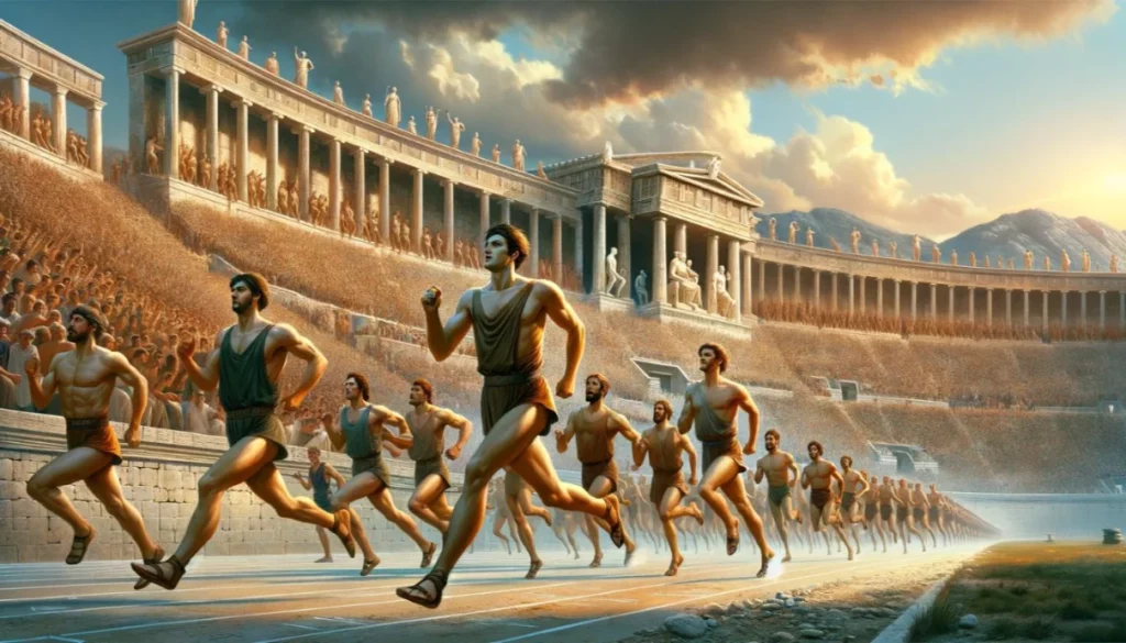 Olympic Glory: A vivid depiction of the first Olympic Games in 776 BCE, focusing on running events in ancient Greece, with athletes competing in a traditional Greek stadium.