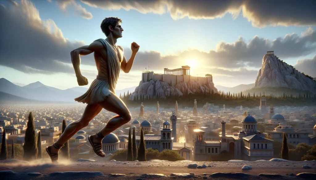Pheidippides Nearing Athens: The final image depicts Pheidippides nearing the end of his journey, with the city of Athens and landmarks like the Acropolis visible in the background.