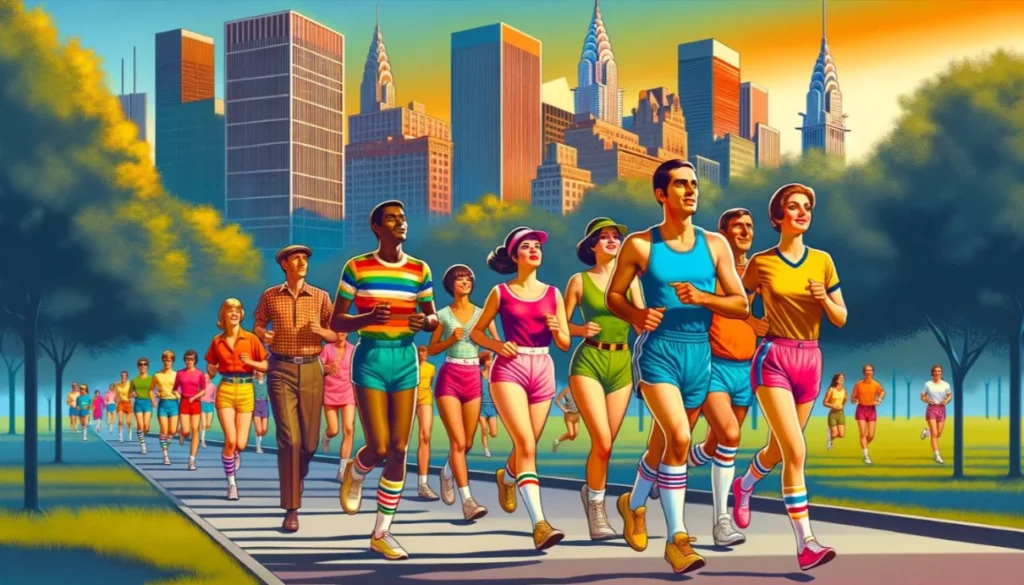 Jogging for All: A vibrant depiction of the jogging craze of the 1960s, showing diverse people jogging in colorful athletic wear, reflecting the democratization of running.