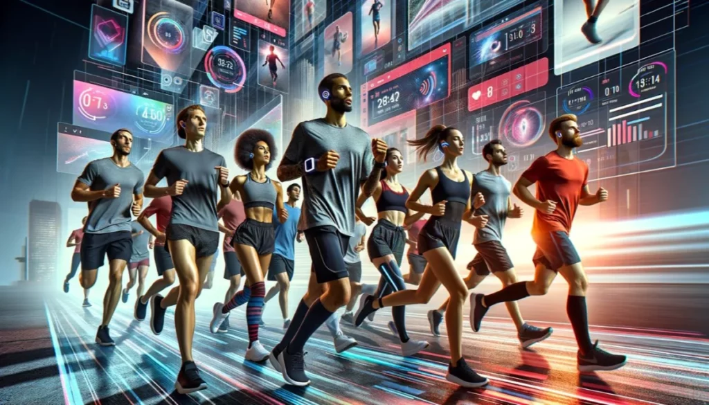 Tech Revolution: A contemporary image showcasing the integration of technology in running, with runners using modern gadgets in an urban setting, highlighting the data-driven and connected nature of modern running.