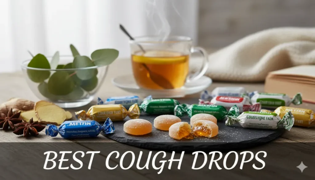 Best Cough Drops of 2025 selection on a table with various flavors and brands.