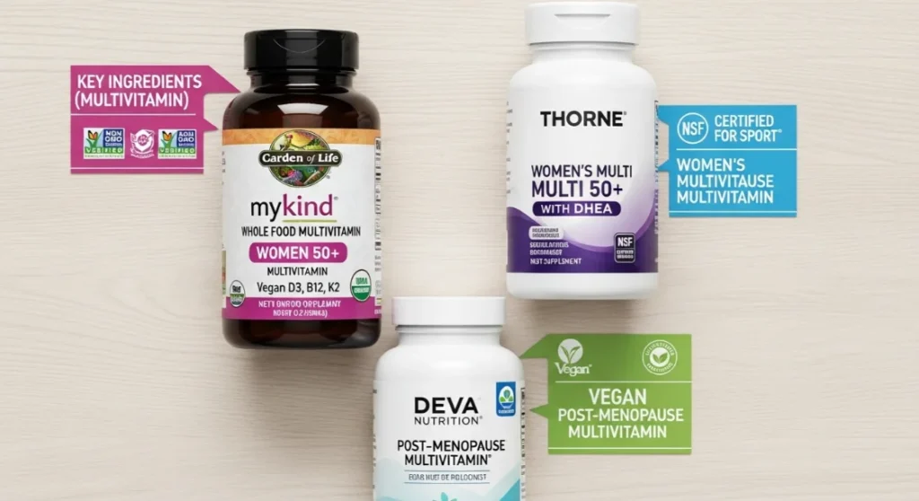 Best multivitamin for women over 50 supplements on a table with a woman in the background.