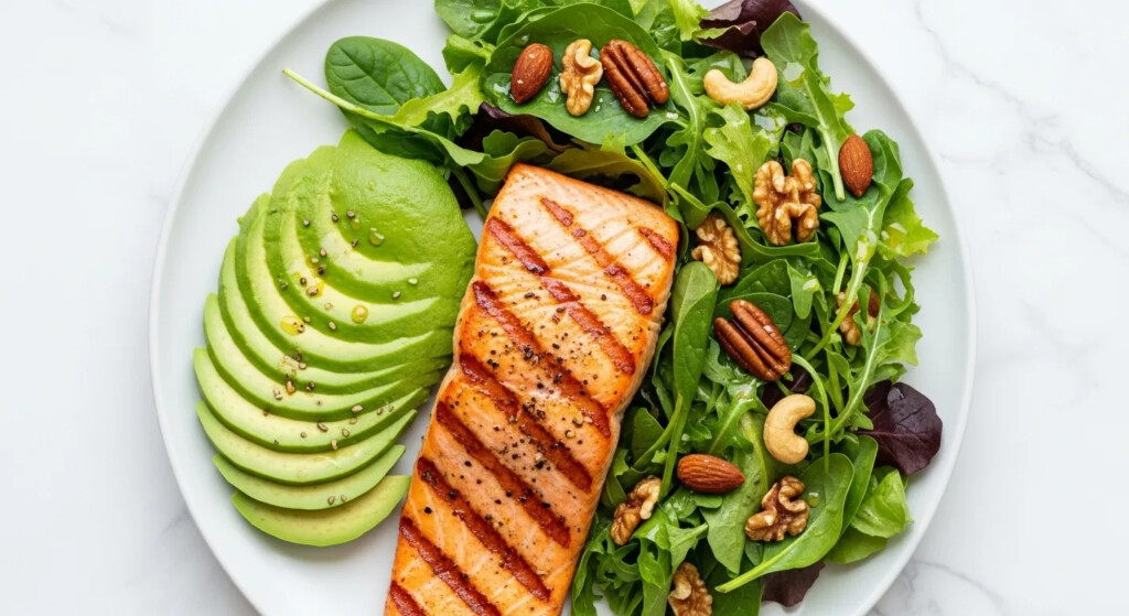 Low carb diet plan infographic showing a plate with vegetables and lean protein for a healthy weight loss meal.