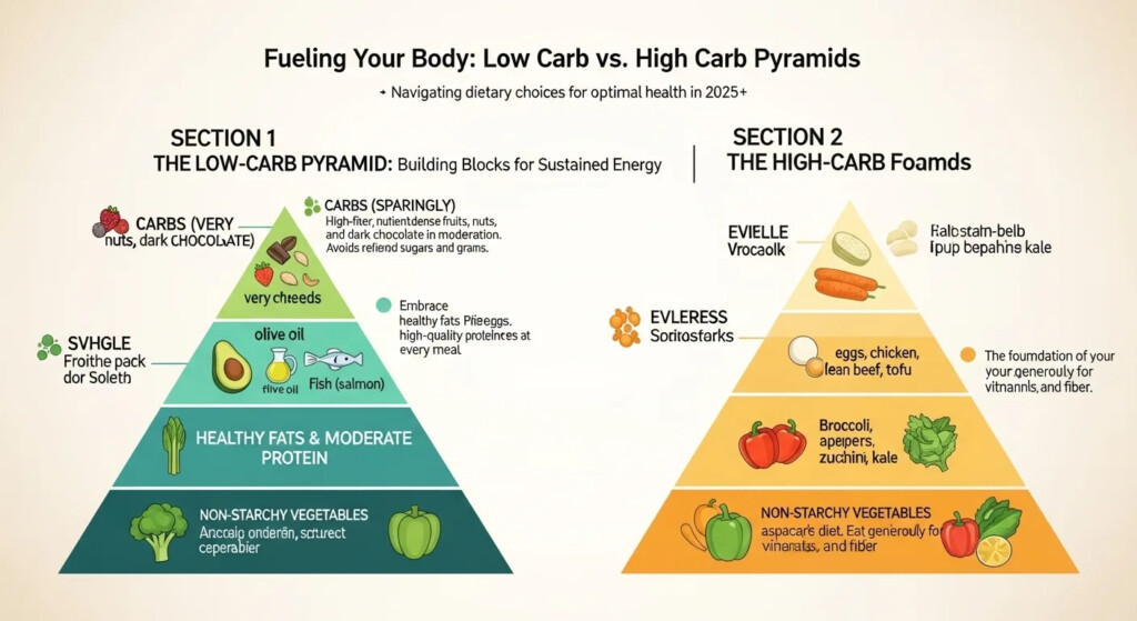 Low Carb Diet Plan infographic showing a plate with healthy food and a person exercising in the background.