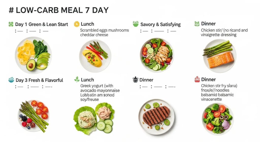 Low Carb Diet Plan infographic showing a balanced meal for rapid weight loss on Gear Up to Fit.