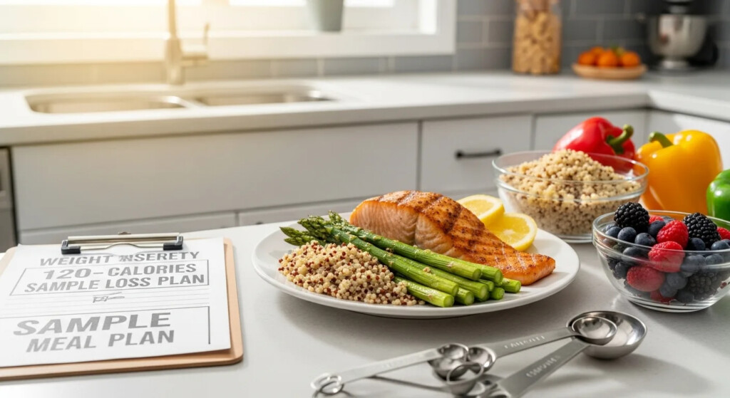 Meal Planning For Weight Loss - Featured Image 1 Meal planning for weight loss made easy with a healthy grocery list and meal prep ideas on a kitchen counter.