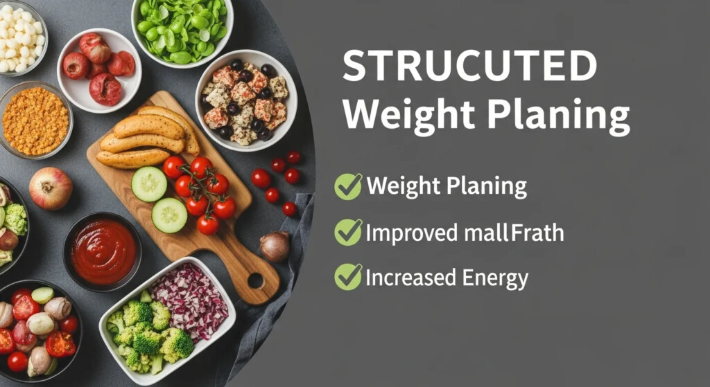 Meal planning for weight loss template on a laptop with healthy food in the background.