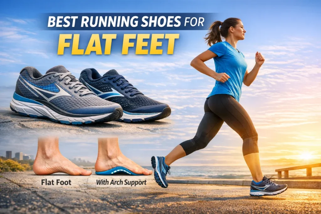 Pair of neutral-colored running shoes with visible arch support, positioned on a light gray surface. Focus on cushioning and stability features for flat feet.
