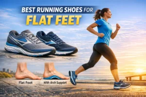 Pair of neutral-colored running shoes with visible arch support, positioned on a light gray surface. Focus on cushioning and stability features for flat feet.