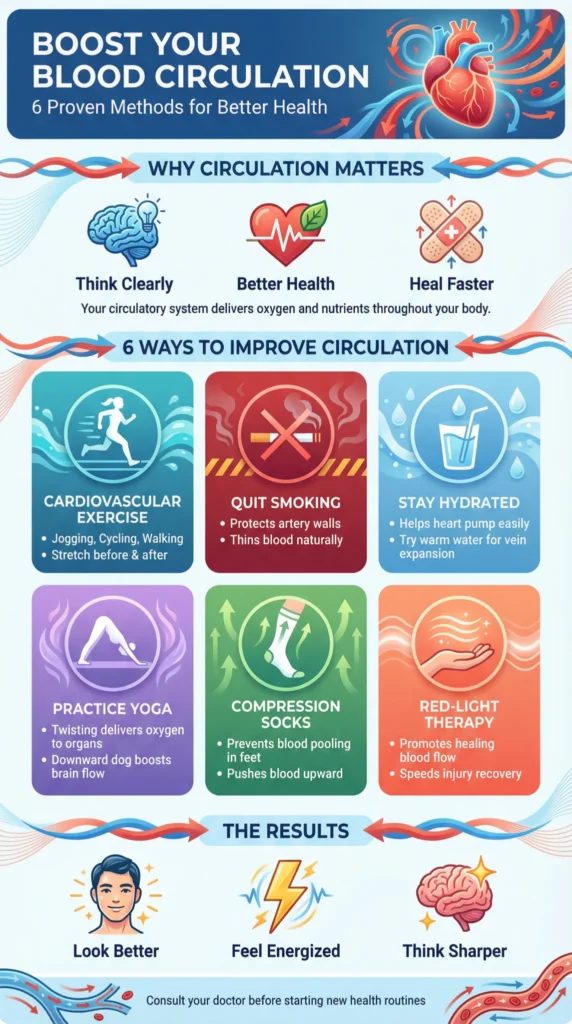 Infographic showing 6 ways to improve blood circulation, including exercise, quitting smoking, and yoga.