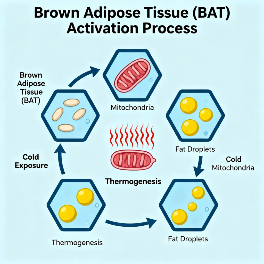 Illustration of brown adipose tissue activation through cold exposure and metabolism for enhanced fat burning.