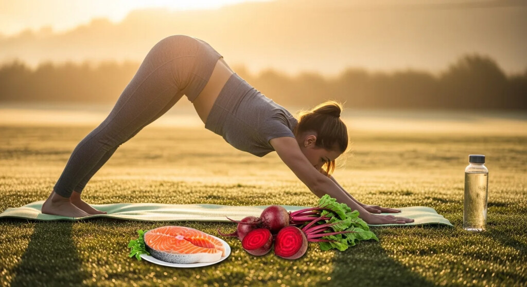 Woman exercising outdoors to improve blood circulation with a healthy lifestyle.