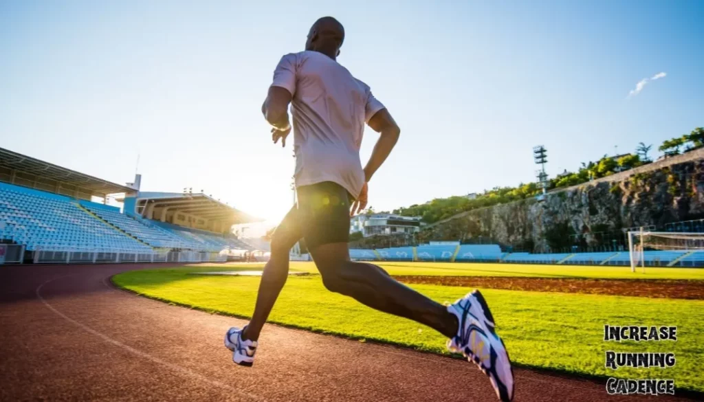 A man running in a stadium with the sun low in the sky